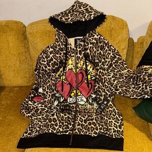 Ed Hardy Leopard Print Hoodie with Heart Motif